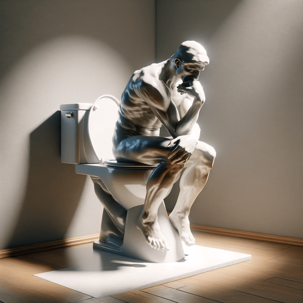 DALL·E-2024-01-21-12.57.02-A-photo-realistic-image-depicting-the-sculpture-Le-Penseur-by-Auguste-Rodin-humorously-seated-directly-on-a-modern-toilet-maintaining-its-iconic-po