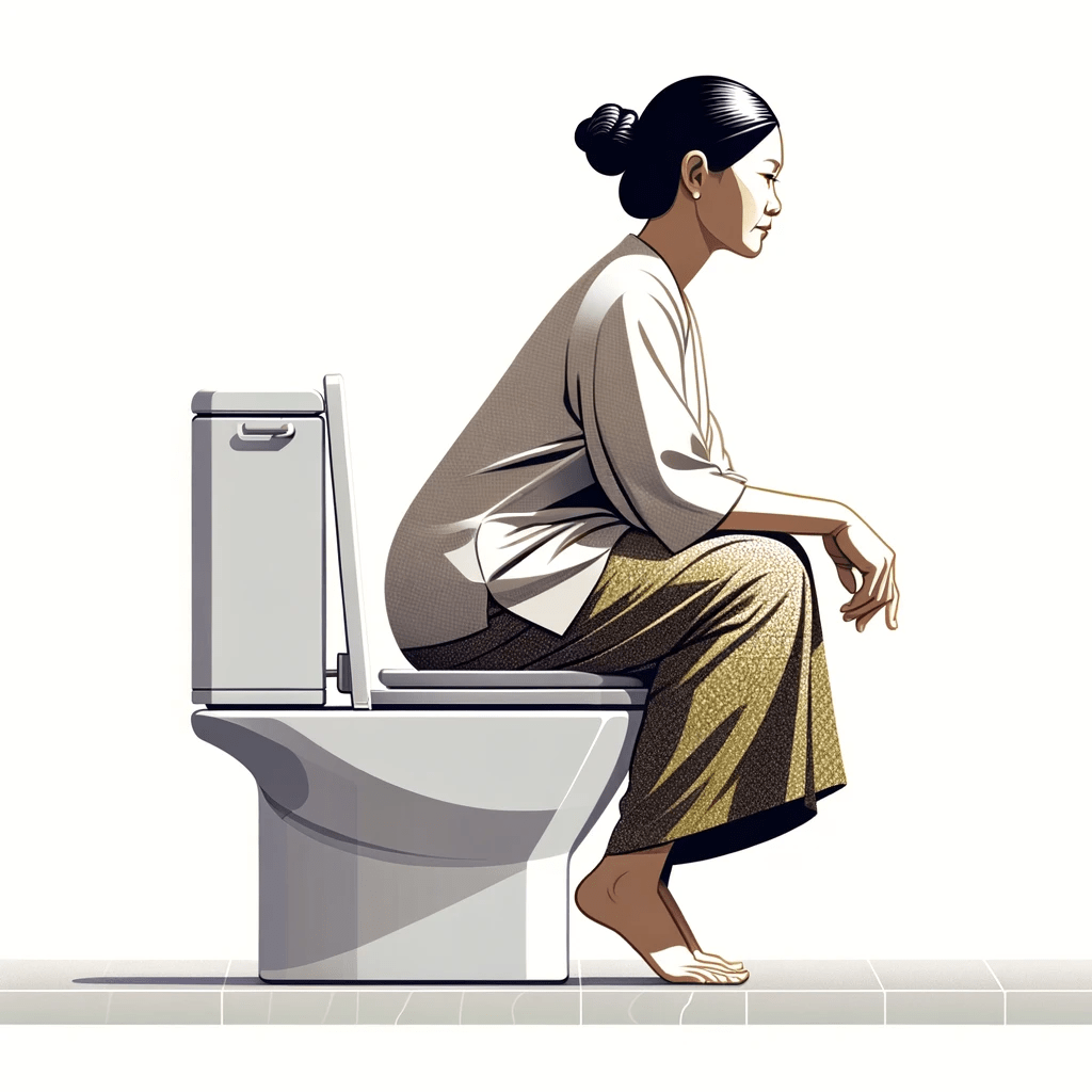 Postura en el baño inclinando el tronco hacia adelante y subiendo los pies, disminuye el esfuerzo defecatorio