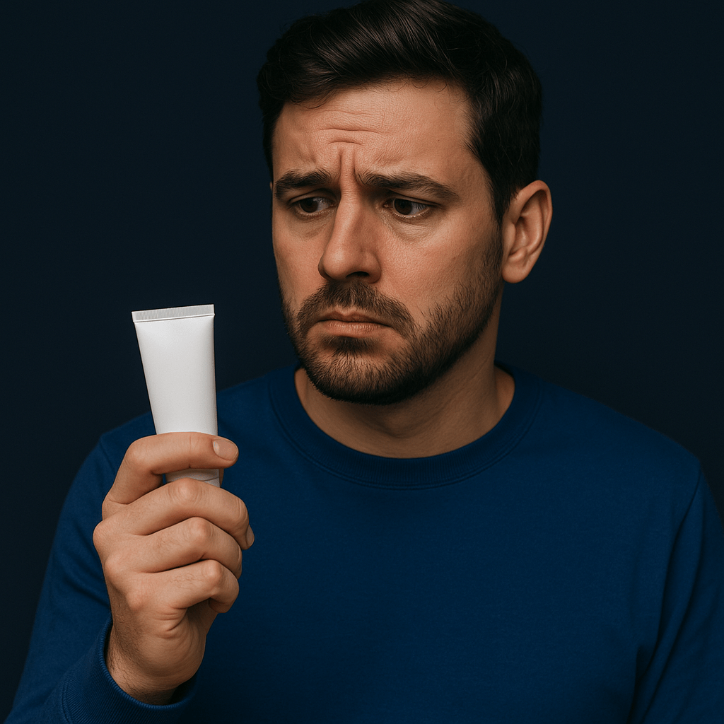 Hombre mirando con preocupación un tubo de crema para hemorroides