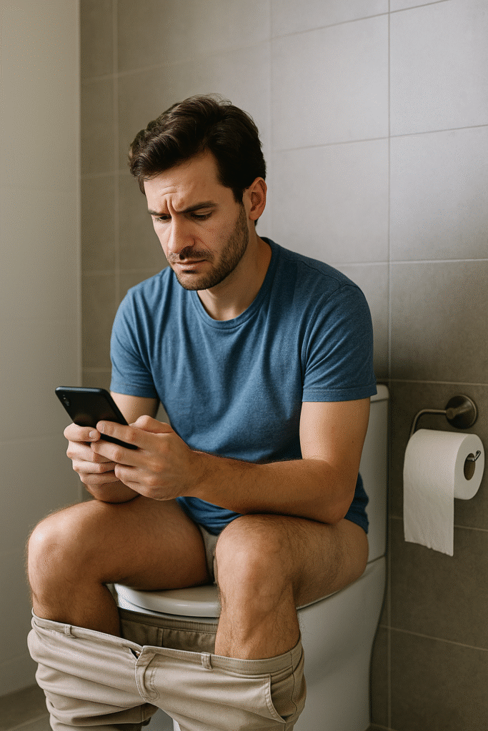 Uso del móvil en el baño como hábito que empeora las hemorroides por prolongar el tiempo en el inodoro