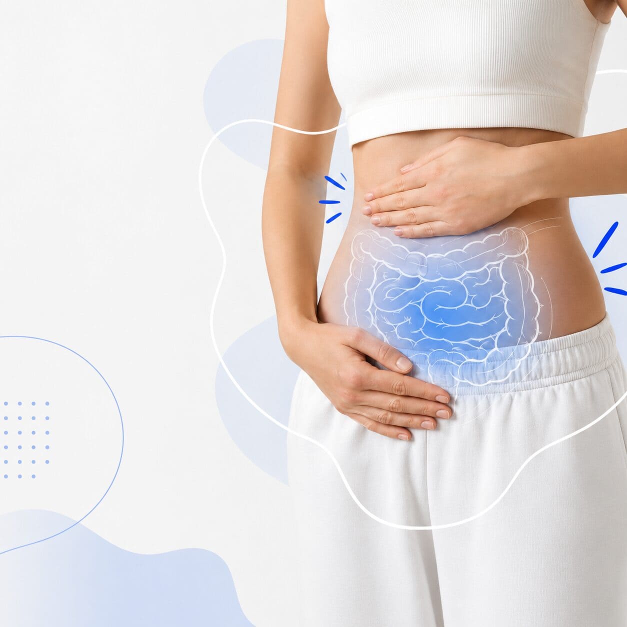 Mujer con las manos sobre el abdomen distendido y una ilustración del intestino superpuesta