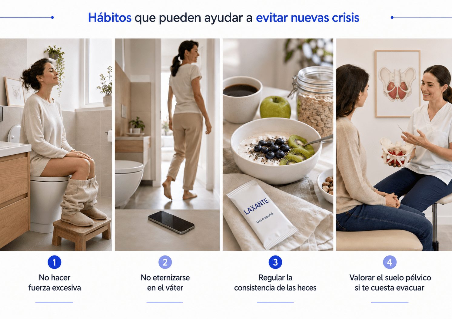Cuatro hábitos para evitar crisis de hemorroides: no hacer fuerza excesiva, no eternizarse en el váter, regular la consistencia de las heces y valorar el suelo pélvico