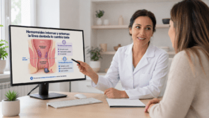 Médica y paciente revisando en consulta un esquema sobre hemorroides internas y externas